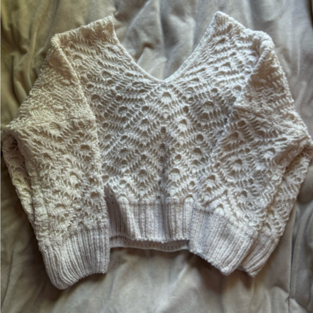 Slouchy White Knit Crochet Sweater